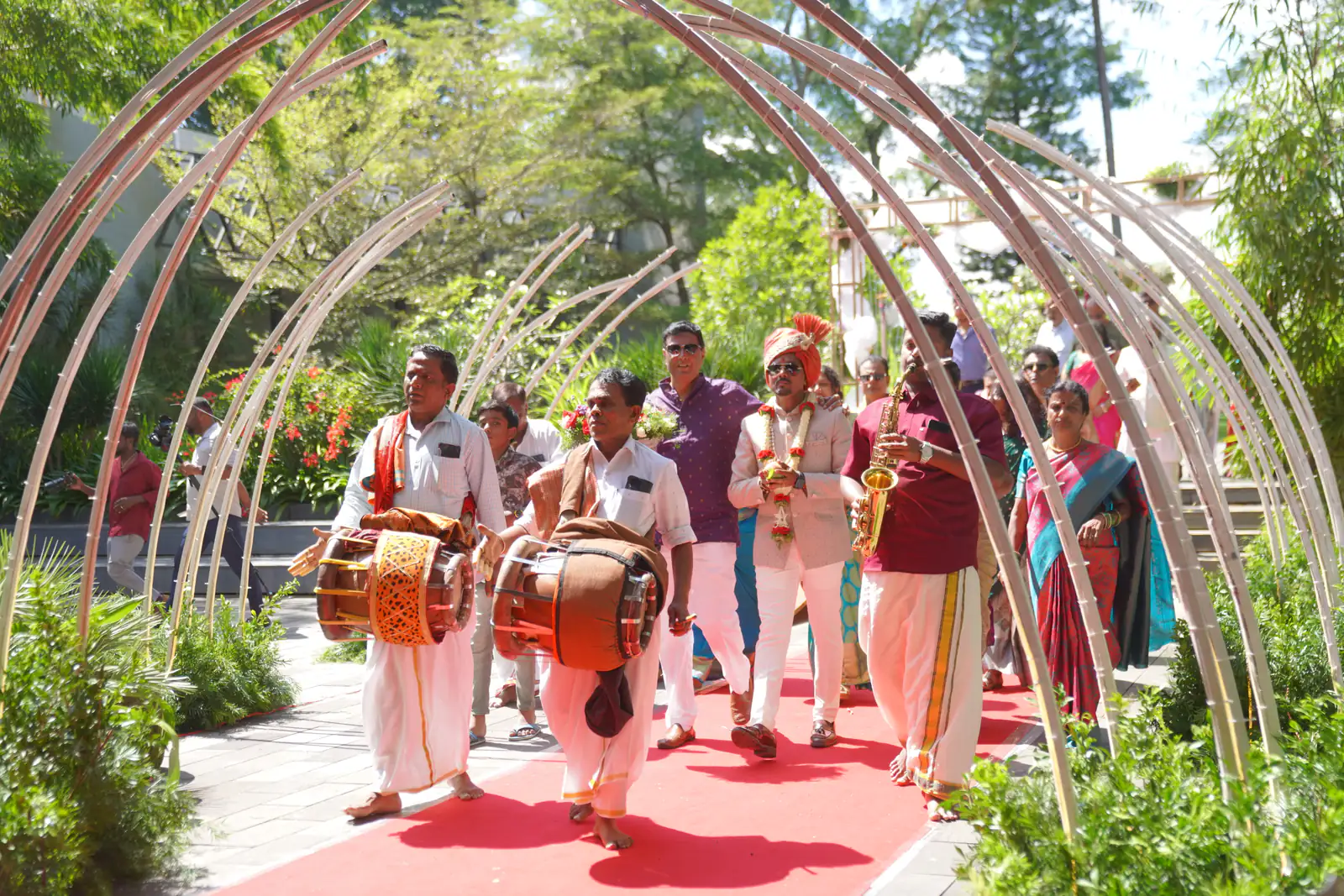 South Indian musicians under bamboo arch